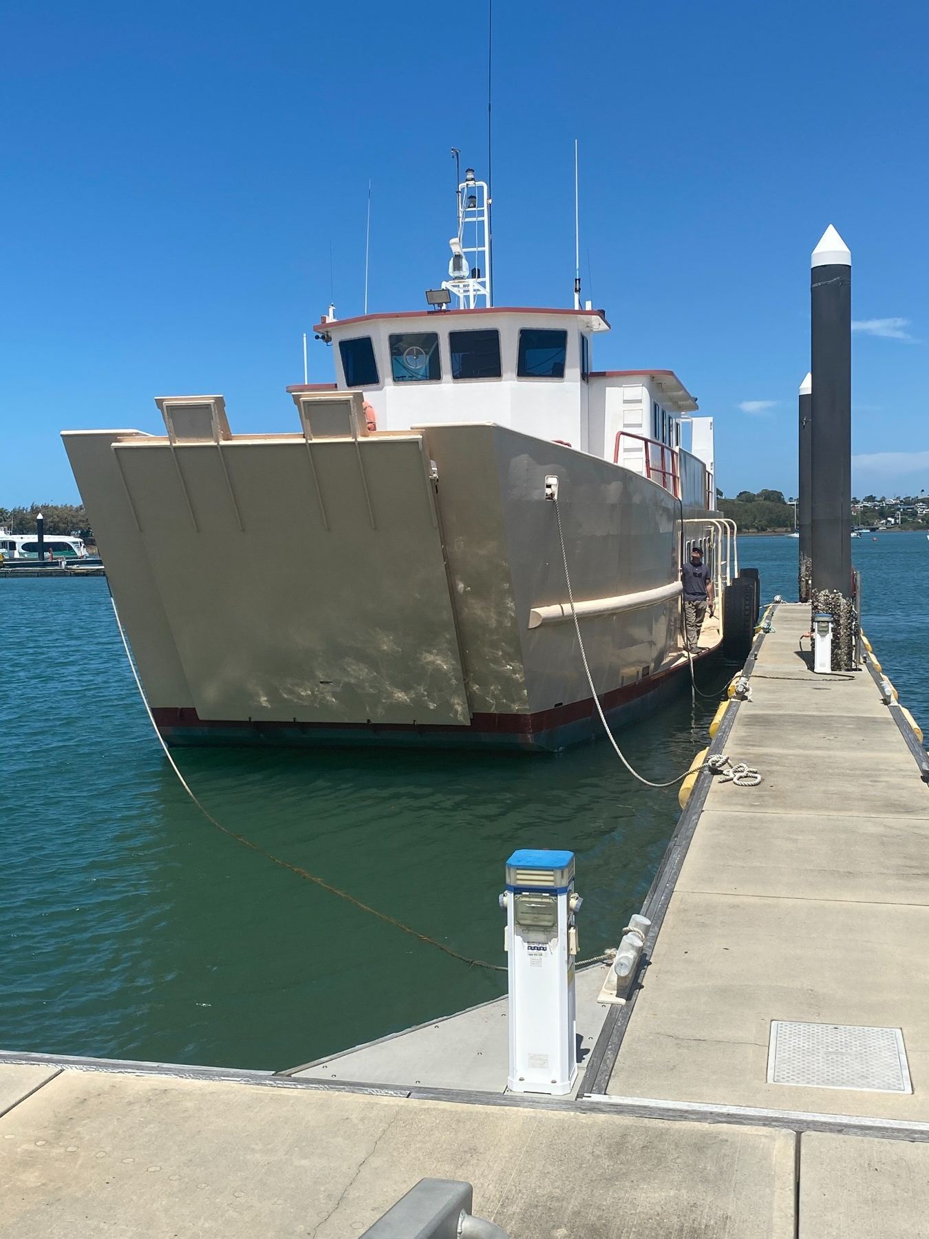 Processor1, a 24-metre steel landing barge, moored with its bow ramp forward